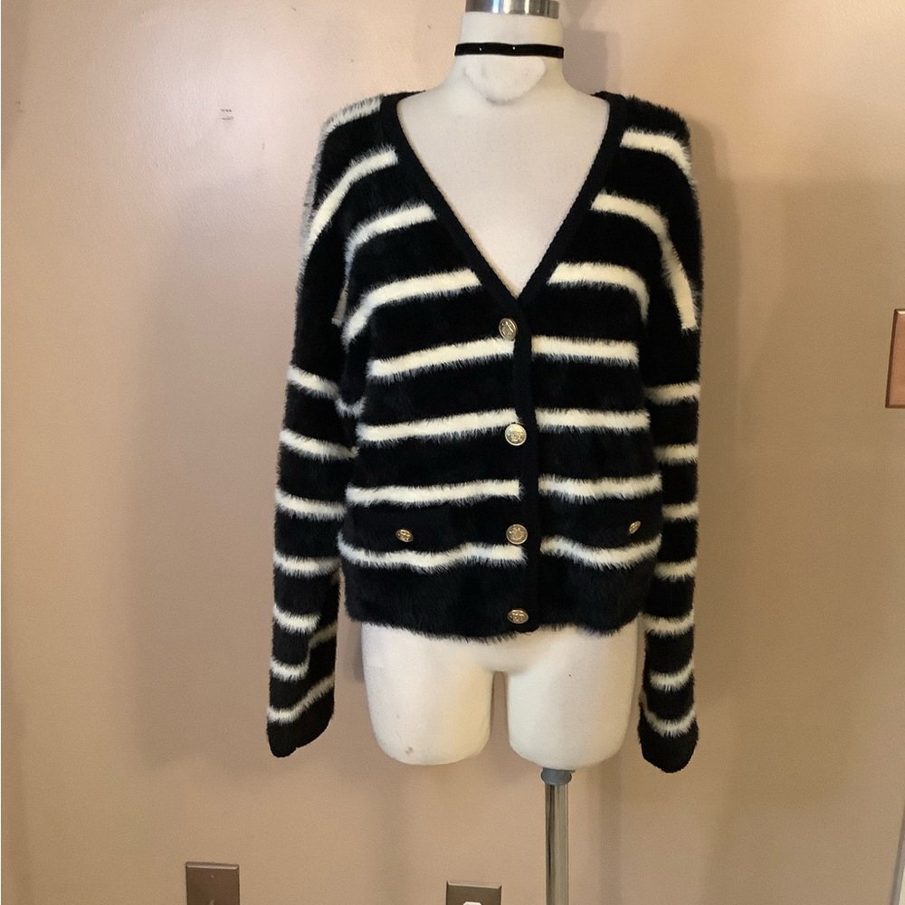 NWT J. Crew $189 Fuzzy Merino Wool Black White Striped Sweater Gold Buttons SM
